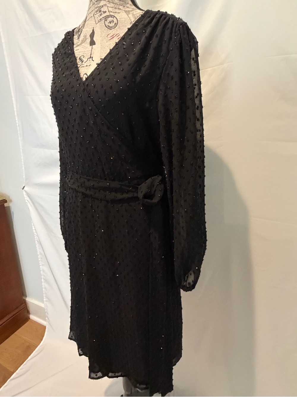 Michael Kors Black Beaded V-Neck Wrap Dress with Tie Waist